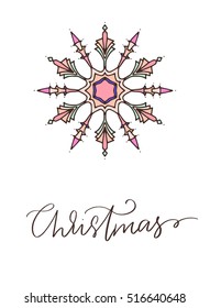 Christmas cards with hand draw snowflake colored in vintage pastel colors and hand written greeting
