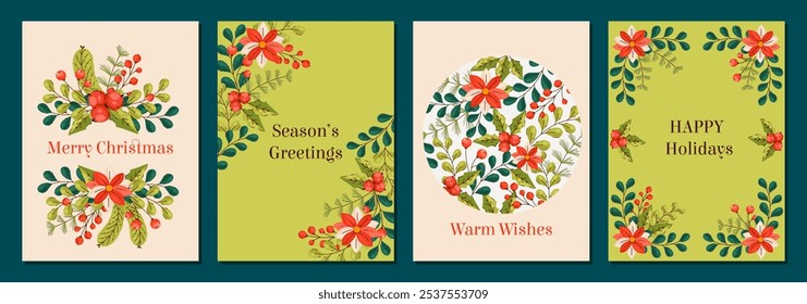 Christmas Cards with Hand Drawn Holiday Florals. Seasonal designs with greenery, poinsettias, and warm greetings to brighten the festive season.