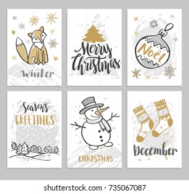 Christmas cards and hand drawn phrases  snowman   fox  Vector illustration 