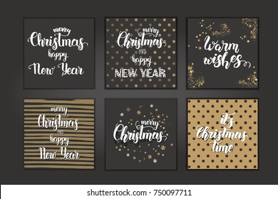Christmas cards with hand made trendy lettering "Merry Christmas and Happy New Year. Let it snow" on background with golden dots.Banner,flyer,brochure.Vector background for holidays,postcards,websites
