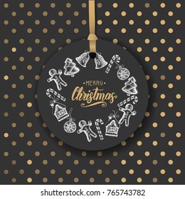 Christmas cards with hand made trendy lettering  "Merry Christmas" and wreath of Christmas hand drawn gingerbread. Sketch. Happy New Year. 2018. Banner,flyer,brochure.Vector background 