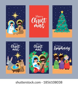 christmas cards with holy family in adoration baby jesus. vector cartoon