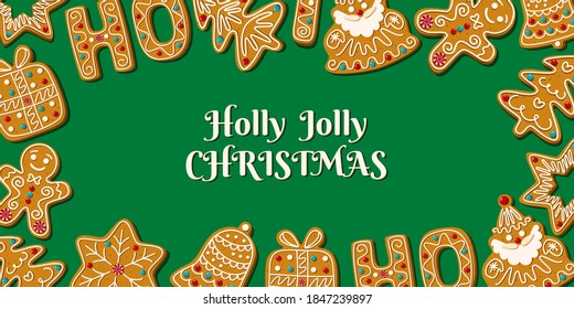 Christmas cards with homemade gingerbread cookies on a green background. Vector illustration