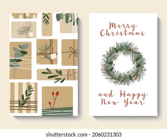 Christmas cards, invitation. Presents in kraft paper, wreaths. Rustic gift box. Eco decoration. Xmas and New 2022 Year celebration preparation. Vector flat cartoon style