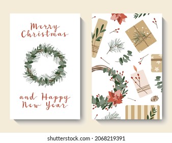 Christmas cards, invitation. Presents in kraft paper, wreaths. Rustic gift box. Eco decoration. Xmas and New 2022 Year celebration preparation. Vector flat cartoon style