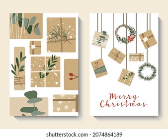 Christmas cards, invitation. Presents in kraft paper, wreaths. Rustic gift box. Eco decoration. Xmas and New 2022 Year celebration preparation. Vector flat cartoon style