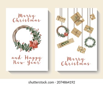 Christmas cards, invitation. Presents in kraft paper, wreaths. Rustic gift box. Eco decoration. Xmas and New 2022 Year celebration preparation. Vector flat cartoon style