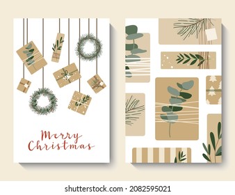 Christmas cards, invitation. Presents in kraft paper, wreaths. Rustic gift box. Eco decoration. Xmas and New 2022 Year celebration preparation. Vector flat cartoon style