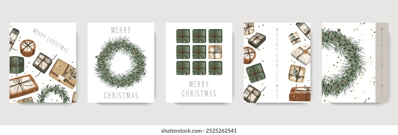 Tarjetas de Navidad, invitación. Regalos en papel kraft y coronas. Caja de regalo rústica. Decoración ecológica. Preparación de la celebración de Navidad y Año Nuevo. Estilo plano de la historieta del Vector