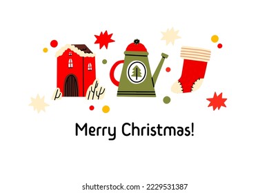Christmas cards, invitation. Xmas and New 2023 Year celebration preparation. Vector flat cartoon style. Santa, cup, pie.Happy new year. Winter pre made card. Holiday postcard. Perfect for cards