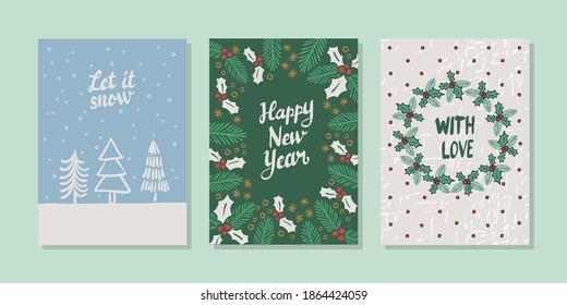 Christmas cards with ivy, gold details and trees. Great for stationery, Christmas decor, home decor, invitations.