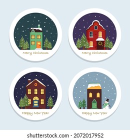 Christmas cards or labels with bright cute snow houses. Winter landscape with snowflakes, fir trees and snowman on round tags. Happy new year greeting card. Vector flat illustration