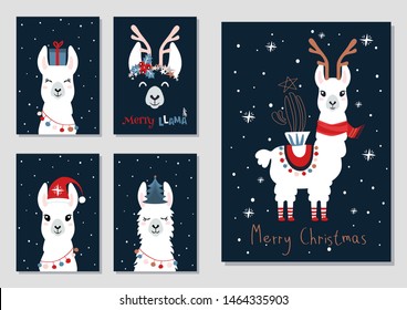 Christmas cards with llama. Merry Christmas set