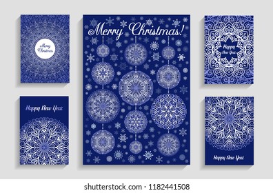 Christmas Cards with Mandala Snowflakes on Blue Background. Garlands from Christmas balls with beads. Intricate flourish design elements. 5 to 7 ratio. Oriental motif illustration for print.