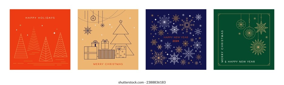 Weihnachtskarten im minimalistischen geometrischen Linienstil. Farbige Illustration im flachen Vektorgrafik-Stil. Weihnachten- und Neujahrshintergründe. Feier 2024