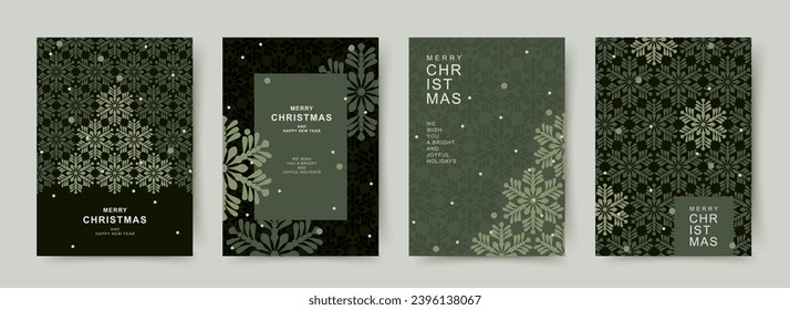 Christmas cards in minimalist geometric scandinavian style. Xmas backgrounds with snowflake patterns. Holiday templates for banner, invitation, poster, advertising, social media. Vector illustration