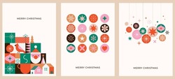 Christmas Cards In Modern Minimalist Geometric Style. Colorful Illustration In Flat Vector Cartoon Style. Xmas Backgrounds With Geometrical Patterns, Stars And Abstract Elements