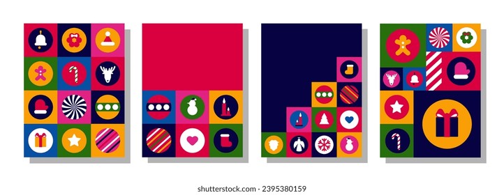 Christmas cards in modern minimalist geometric style. Xmas backgrounds with geometrical patterns. Vector illustration concepts for background, greeting card, party invitation card, website banner