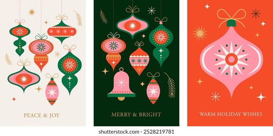 Christmas cards in modern minimalist geometric style. Merry Christmas colorful illustration in flat vector cartoon style. Xmas backgrounds with geometrical patterns, stars