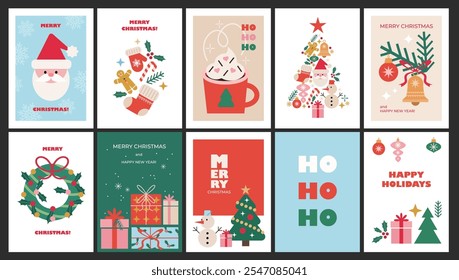 Christmas cards in modern minimalist geometric style. Xmas posters with abstract elements, Christmas decorations, wreath, Santa, snowflakes, snowman