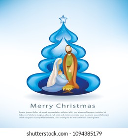 Christmas cards with nativity scene christmas tree on blue background