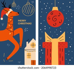 Christmas cards with New Year's deer, gift, balls. Design template, flyer. Vector illustration in flat style