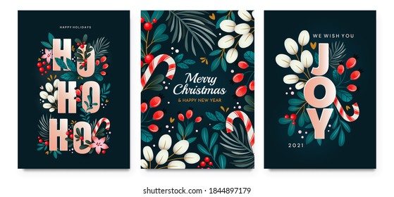 Christmas cards with ornaments of branches, berries and leaves. A set of cards with holiday greetings.