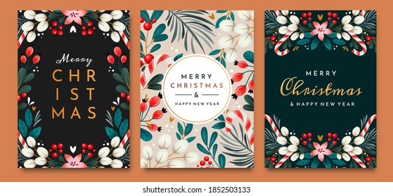 Christmas cards with ornaments of branches, berries and leaves. Set of greeting cards.