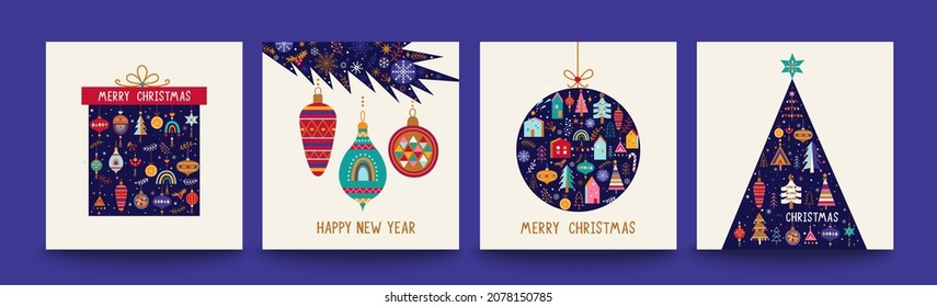 Christmas cards with paper cut gift box,christmas ball,fur-tree full of hand drawn christmas elements-houses,baubles,trees with toys.Template design for covers,invitations,posters,banners,flyer.Vector