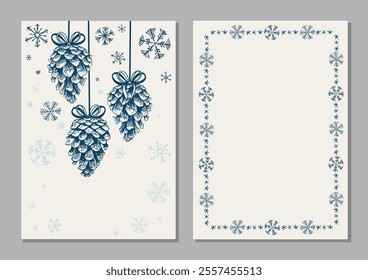 Christmas cards with pine cones and snowflakes. Hand drawn vector illustration.