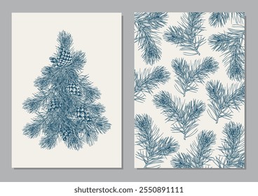 Christmas cards with pine tree and branches. Hand drawn vector illustration. Blue shade collection.