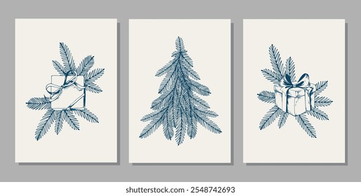 Tarjetas de Navidad con pino, cajas de regalo y ramas. Ilustración vectorial dibujada a mano de color azul.