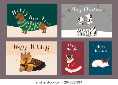 Christmas cards poster with dogs vector set