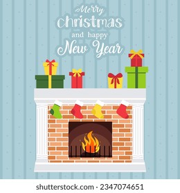Christmas cards or posters with gifts and fireplace. Cozy christmas celebration vector illustration