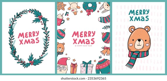 Christmas cards, posters, prints, invitations, templates set decorated with lettering quote and doodles. New year prints, social media templates. EPS 10
