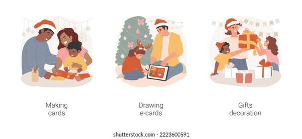 Christmas cards and presents isolated cartoon vector illustration set. Happy family make Christmas cards together, girl drawing e-card on tablet, creative handmade gifts decoration vector cartoon.