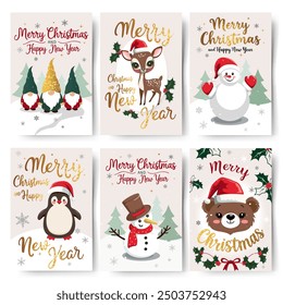 Christmas cards with reindeer, penguin, snowman. Golden lettering. New year invitation, banner. Childish holiday greeting card collection. 