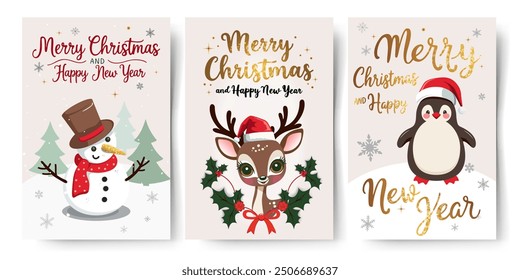 Christmas cards with reindeer, penguin, snowman. Golden lettering. Childish holiday greeting card collection. New year invitation, banner