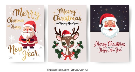 Christmas cards with reindeer, santa claus. Golden lettering. Childish holiday greeting card set. New year invitation, banner