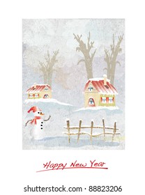 Christmas Cards, rural landscape with snowman