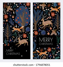 Christmas cards with rustic  trees, deer, fox and other. Vector illustration.
