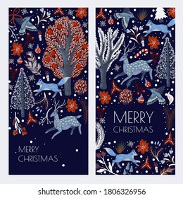 Christmas cards with rustic  trees, deer, fox and other. Vector illustration.