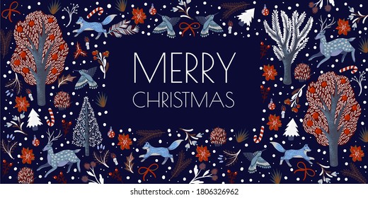 Christmas cards with rustic  trees, deer, fox and other. Vector illustration.