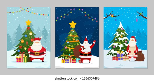 Christmas cards with Santa Claus and decorated Christmas trees. Santa with gift bag. Vector illustration for holiday xmas and new year.