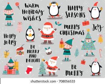 Christmas cards with Santa Claus, penguin, elf in cartoon style.