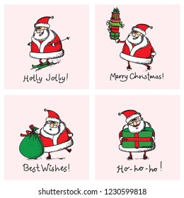 Christmas cards with Santa Clauses and symbol of the year cute pig and hand drawn greeting text Merry Christmas