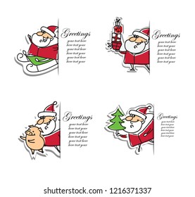 Christmas cards with Santa Clauses and christmas tree, presents, greetings and the symbol of the year pig