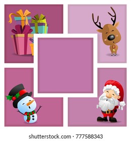 Christmas cards with Santa, snowman, gift box and reindeer in frame on pink background. Vector illustration