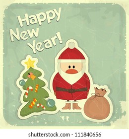 Christmas cards with Santa, Christmas tree and text Happy New Year - New Year postcard in Retro style - vector illustration
