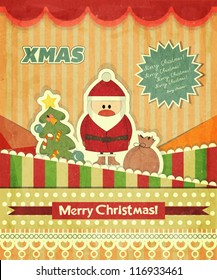 Christmas cards with Santa, Christmas tree and text Merry Christmas - greeting postcard in Retro style - vector illustration